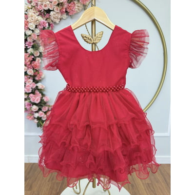 Vestido Infantil Vermelho Saia C/ Babados e Glitter Festas
