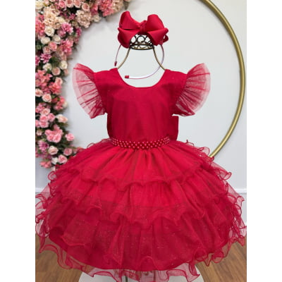 Vestido Infantil Vermelho Saia C/ Babados e Glitter Festas