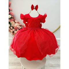 Vestido Infantil Vermelho Saia C/ Tule e Glitter Daminha