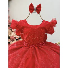 Vestido Infantil Vermelho Saia C/ Tule e Glitter Daminha