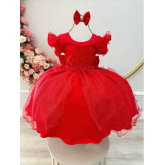Vestido Infantil Vermelho Saia C/ Tule e Glitter Daminha
