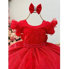 Vestido Infantil Vermelho Saia C/ Tule e Glitter Daminha