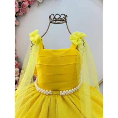 Vestido Infantil Longo Amarelo C/ Aplique de Borboletas Festas
