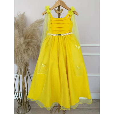 Vestido Infantil Longo Amarelo C/ Aplique de Borboletas Festas