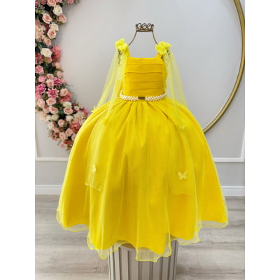 Vestido Infantil Longo Amarelo C/ Aplique de Borboletas Festas