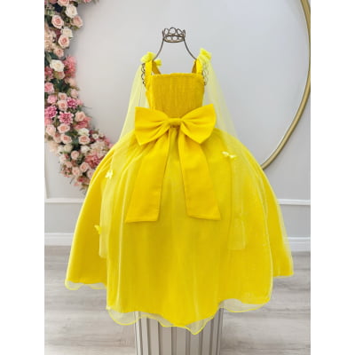 Vestido Infantil Longo Amarelo C/ Aplique de Borboletas Festas