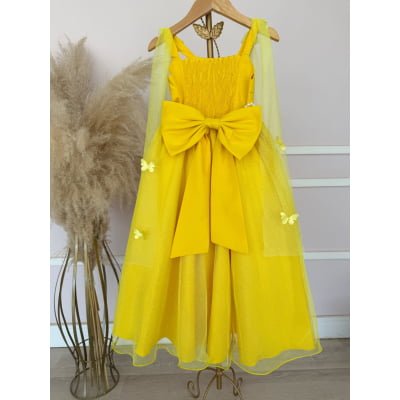 Vestido Infantil Longo Amarelo C/ Aplique de Borboletas Festas