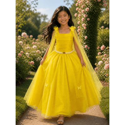 Vestido Infantil Longo Amarelo C/ Aplique de Borboletas Festas