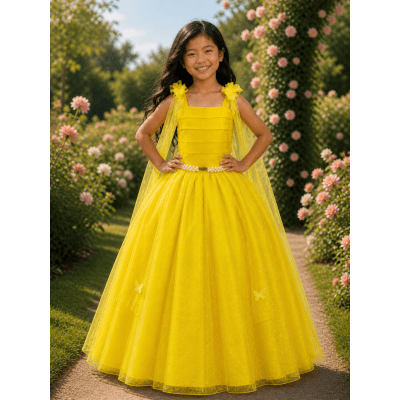 Vestido Infantil Longo Amarelo C/ Aplique de Borboletas Festas