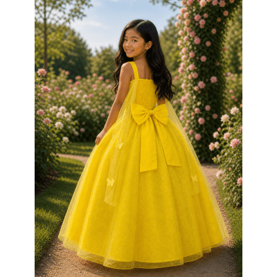 Vestido Infantil Longo Amarelo C/ Aplique de Borboletas Festas