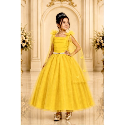 Vestido Infantil Longo Amarelo C/ Aplique de Borboletas Festas