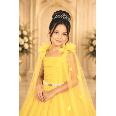 Vestido Infantil Longo Amarelo C/ Aplique de Borboletas Festas