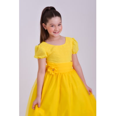 Vestido Infantil Longo Amarelo C/ Broche Flor Daminhas Festas