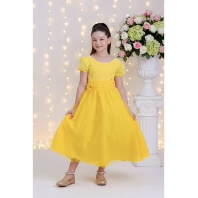 Vestido Infantil Longo Amarelo C/ Broche Flor Daminhas Festas