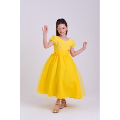 Vestido Infantil Longo Amarelo C/ Broche Flor Daminhas Festas