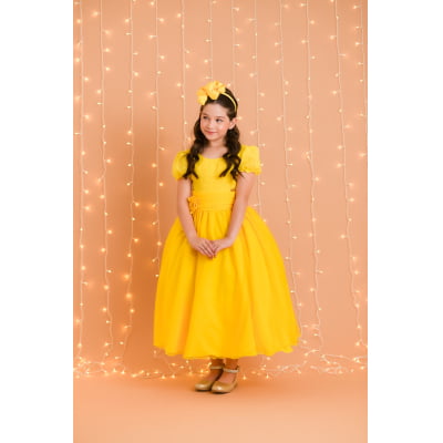 Vestido Infantil Longo Amarelo C/ Broche Flor Daminhas Festas