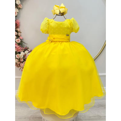 Vestido Infantil Longo Amarelo C/ Broche Flor Daminhas Festas