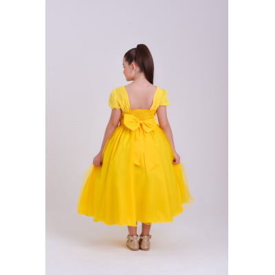 Vestido Infantil Longo Amarelo C/ Broche Flor Daminhas Festas