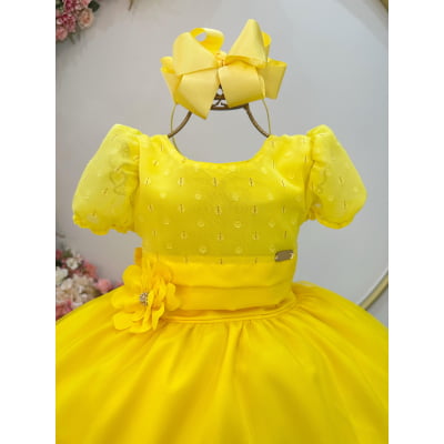 Vestido Infantil Longo Amarelo C/ Broche Flor Daminhas Festas