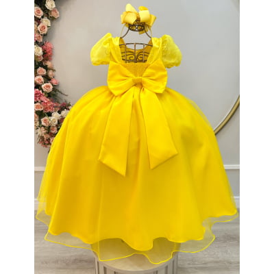 Vestido Infantil Longo Amarelo C/ Broche Flor Daminhas Festas