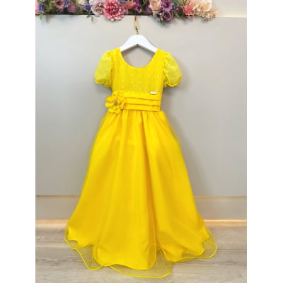 Vestido Infantil Longo Amarelo C/ Broche Flor Daminhas Festas