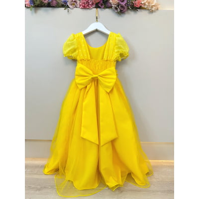 Vestido Infantil Longo Amarelo C/ Broche Flor Daminhas Festas