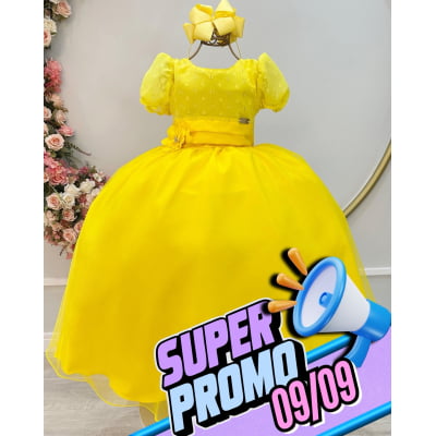 Vestido Infantil Longo Amarelo C/ Broche Flor Daminhas Festas
