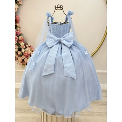 Vestido Infantil Longo Azul C/ Aplique de Borboletas Festas