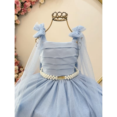 Vestido Infantil Longo Azul C/ Aplique de Borboletas Festas