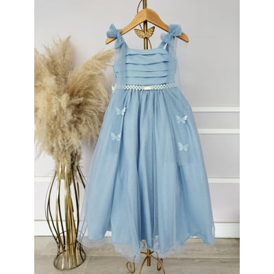 Vestido Infantil Longo Azul C/ Aplique de Borboletas Festas