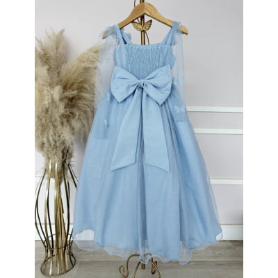 Vestido Infantil Longo Azul C/ Aplique de Borboletas Festas