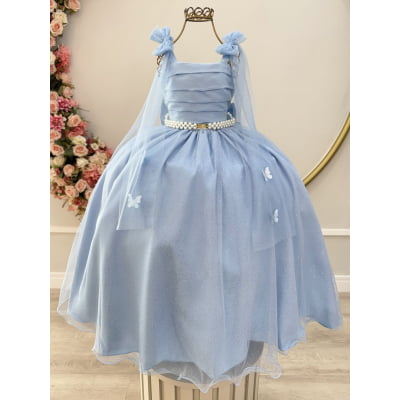 Vestido Infantil Longo Azul C/ Aplique de Borboletas Festas