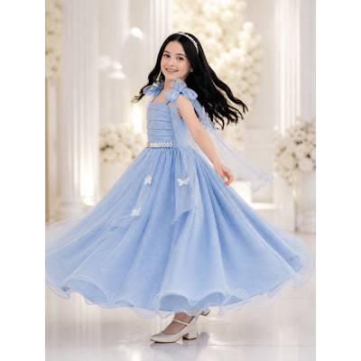 Vestido Infantil Longo Azul C/ Aplique de Borboletas Festas