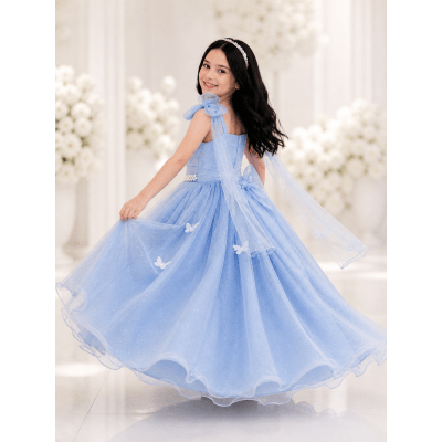 Vestido Infantil Longo Azul C/ Aplique de Borboletas Festas