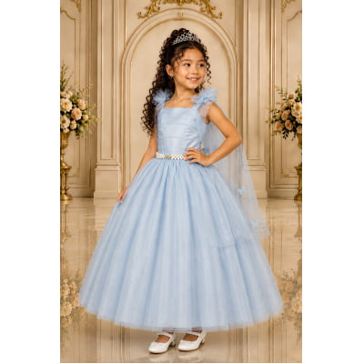 Vestido Infantil Longo Azul C/ Aplique de Borboletas Festas Vestido Infantil Longo Azul C/ Aplique de Borboletas Festas
