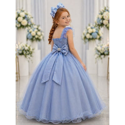 Vestido Infantil Longo Azul Formaturas Daminhas