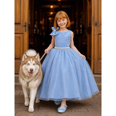 Vestido Infantil Longo Azul Luxo Daminhas Formaturas