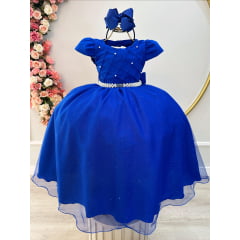 Vestido Infantil Longo Azul Royal Busto Nervura Festas Damas