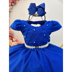 Vestido Infantil Longo Azul Royal Busto Nervura Festas Damas