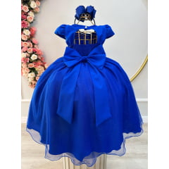 Vestido Infantil Longo Azul Royal Busto Nervura Festas Damas