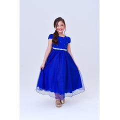 Vestido Infantil Longo Azul Royal Busto Nervura Festas Damas