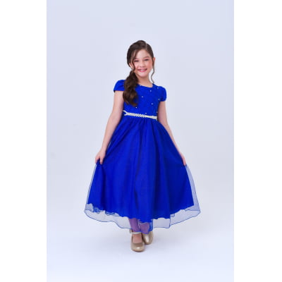 Vestido Infantil Longo Azul Royal Busto Nervura Festas Damas