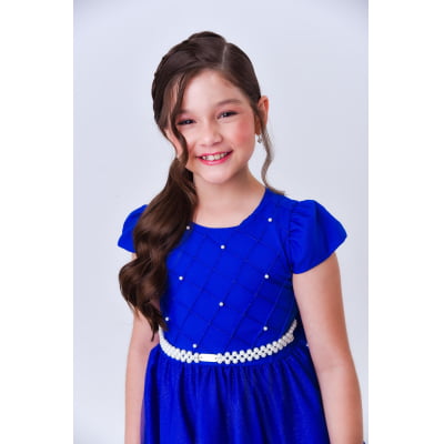 Vestido Infantil Longo Azul Royal Busto Nervura Festas Damas