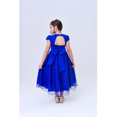 Vestido Infantil Longo Azul Royal Busto Nervura Festas Damas