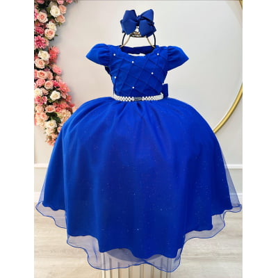 Vestido Infantil Longo Azul Royal Busto Nervura Festas Damas