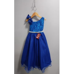 Vestido Infantil Longo Azul Royal Busto Renda Festas Daminhas