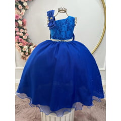 Vestido Infantil Longo Azul Royal Busto Renda Festas Daminhas