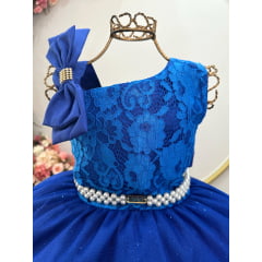 Vestido Infantil Longo Azul Royal Busto Renda Festas Daminhas