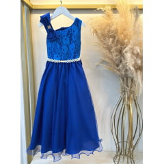 Vestido Infantil Longo Azul Royal Busto Renda Festas Daminhas
