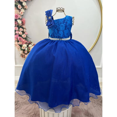 Vestido Infantil Longo Azul Royal Busto Renda Festas Daminhas